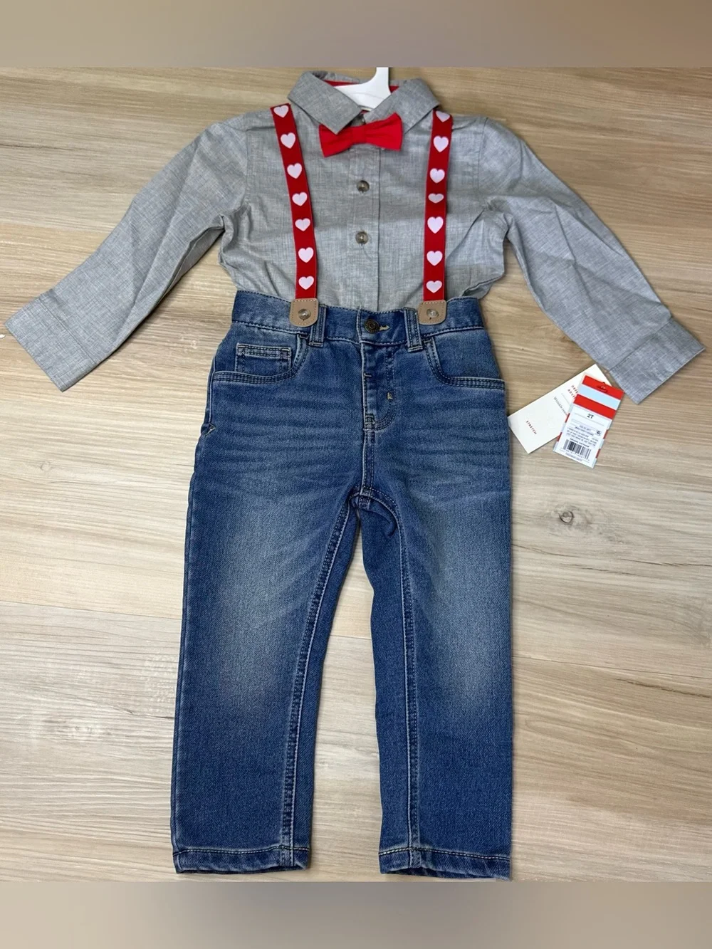 Cat & Jack Toddler Boys Heart Suspender Gray Valentines outfit